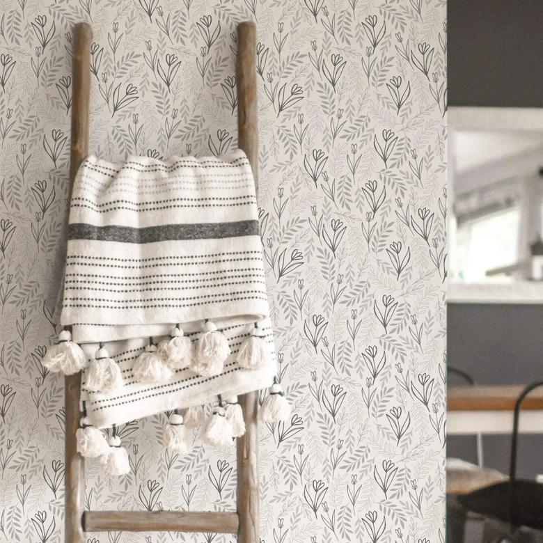 Mustertapete Graphic Flowers - Blumenfeld schwarz-weiß 