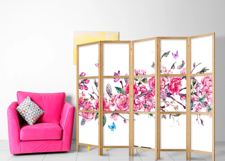 Japanischer Paravent, Raumteiler freistehend, Trennwand - Japanischer Stil: Blumen und Schmetterlinge 