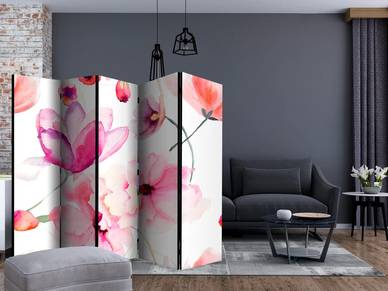 Paravent, Raumteiler freistehend, Trennwand - Blumensinfonie in Rosa 