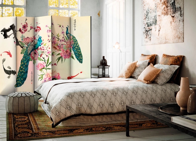 Paravent, Raumteiler freistehend, Trennwand - Pfauenliebe 