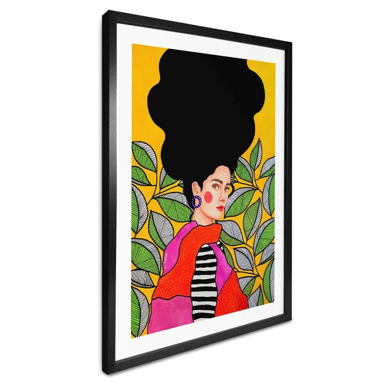 Poster Frau mit grün-weißen Blättern - Hülya 