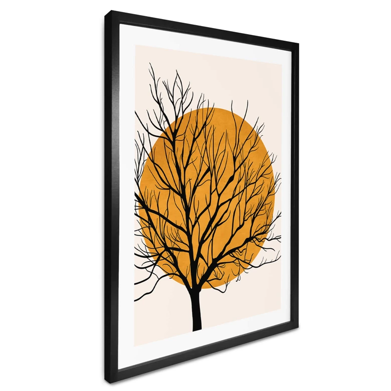 Poster Kubistika - Goldene Sonne hinter einem Baum 