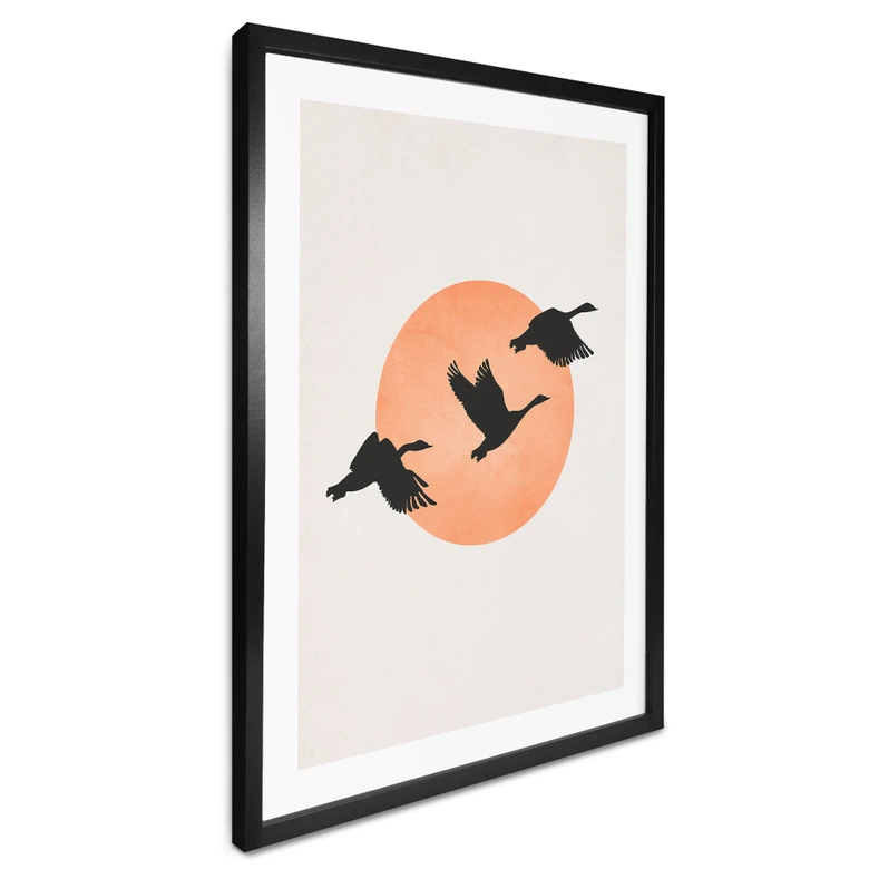 Plakat ptaki na tle brzoskwiniowego słońca - Kubistika 