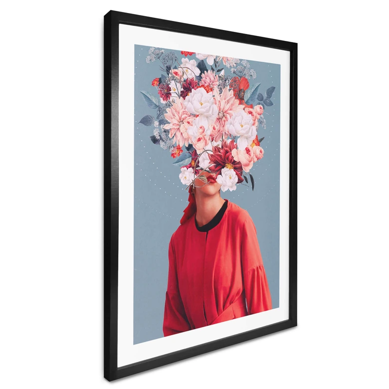 Plakat z portretem kwiatowym - Elegancka kobieta z okazałymi kwiatami - Ćma 