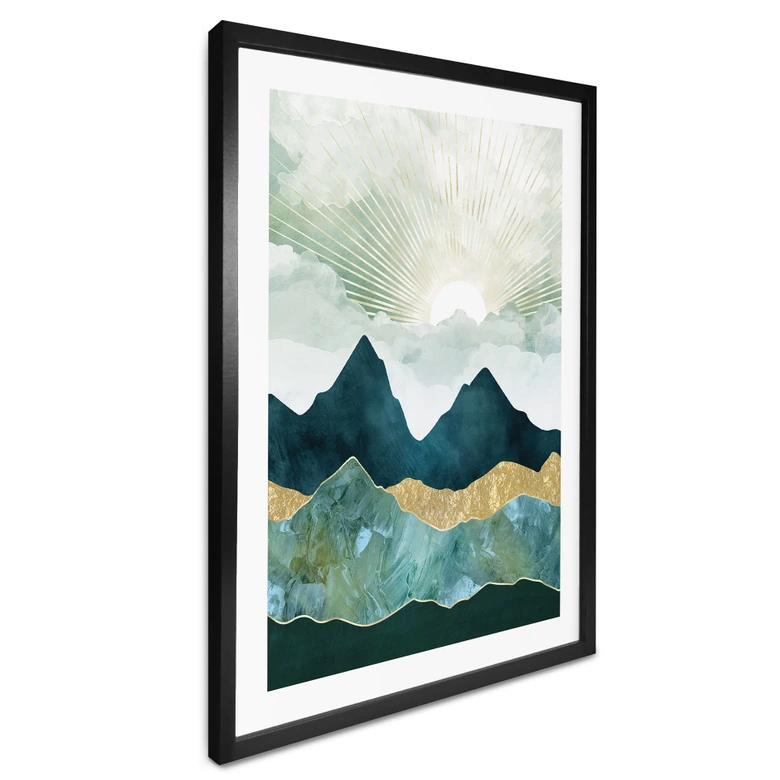 Poster Sonnige Landschaft in Blau und Gold - SpaceFrog Designs 