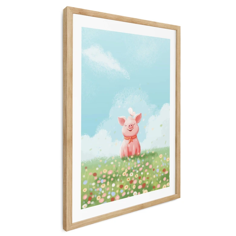 Poster Thaï - Petit cochon joyeux dans la prairie d'été 