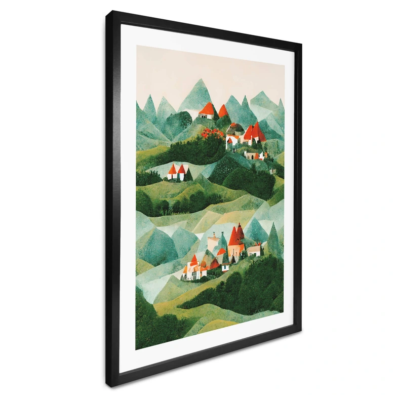 Kinderposter Treechild - Kleines Dorf inmitten grüner Hügel 