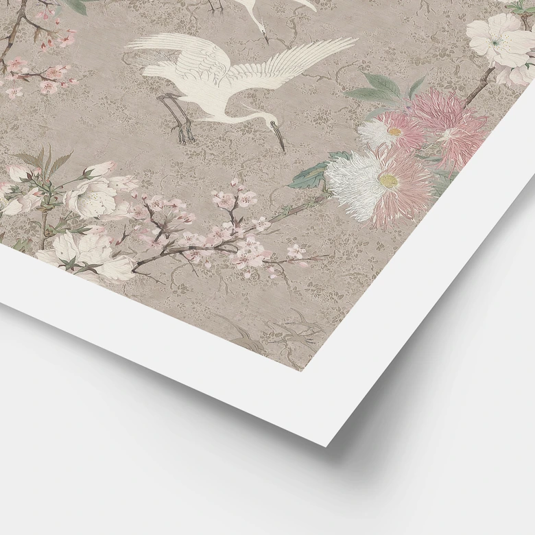 Vogelposter Kraniche im Kirschblüten-Rausch Beige - Bloomery Decor 