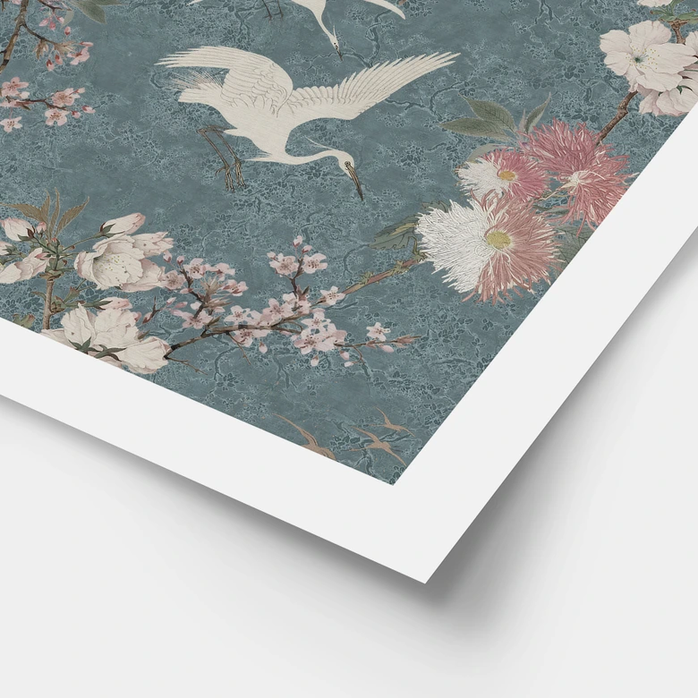 Poster Kraniche im Kirschblüten-Rausch Blau - Bloomery Decor 