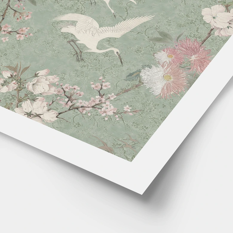 Poster Kraniche im Kirschblüten-Rausch Grün - Bloomery Decor 