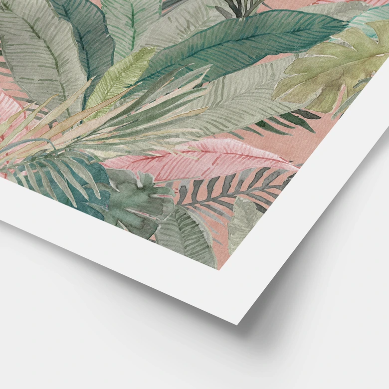 Plakat med tropiske blade i junglens lyserøde farve - Bloomery Decor 