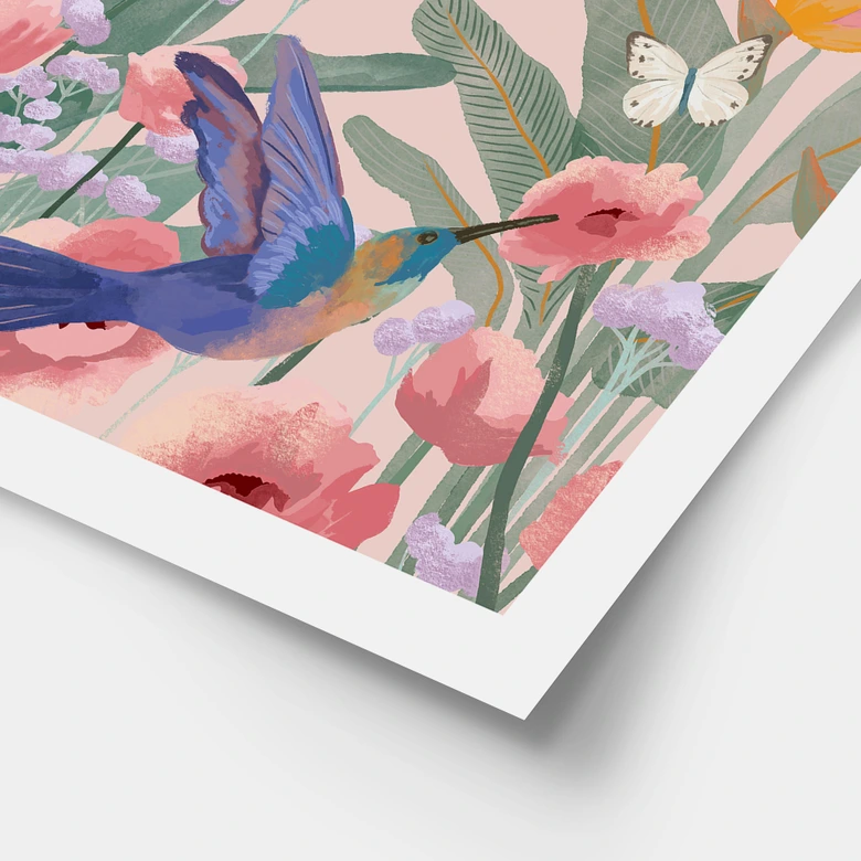 Poster Zwei Kolibris auf der bunten Blumenwiese - Goed Blauw 