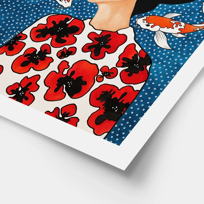 Poster Frau im Blütenkleid mit Kois - Hülya 