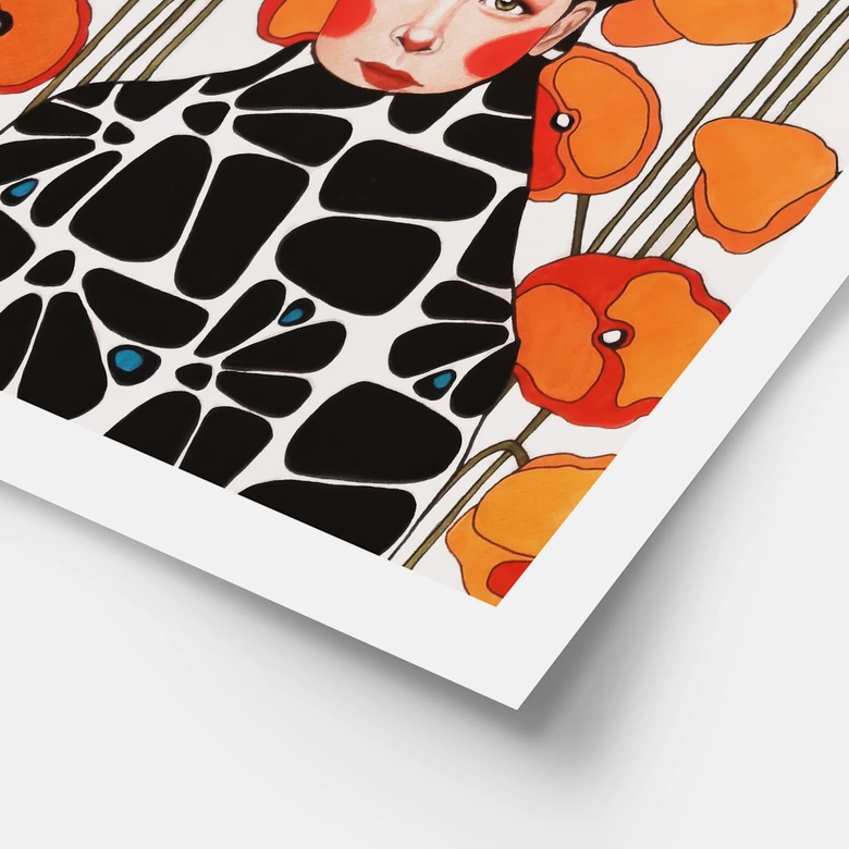 Poster Frau mit Retro-Mohnblumen | Porträtkunst für das Wohnzimmer - Hülya 