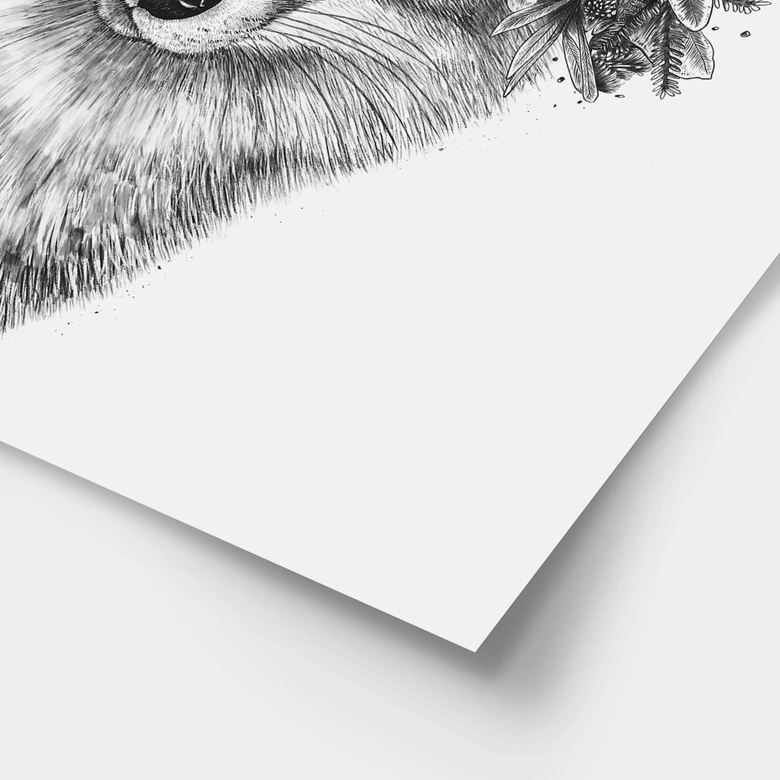 Póster Zorro blanco y negro con corona de flores - Korenkova 
