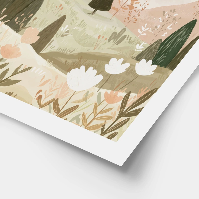 Poster pastellfärgat bergslandskap med blommor - Treechild 