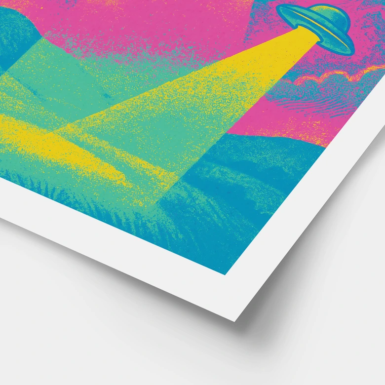 Plakat med UFO-landing i neonfarver - Treechild 