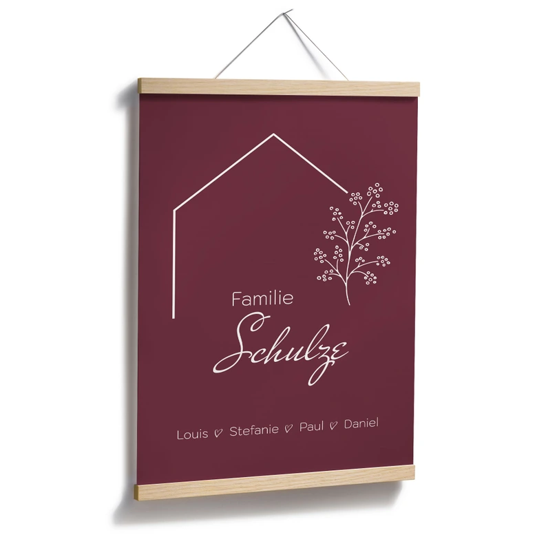 Personalisierbares Poster Familie Haus - weinrot 