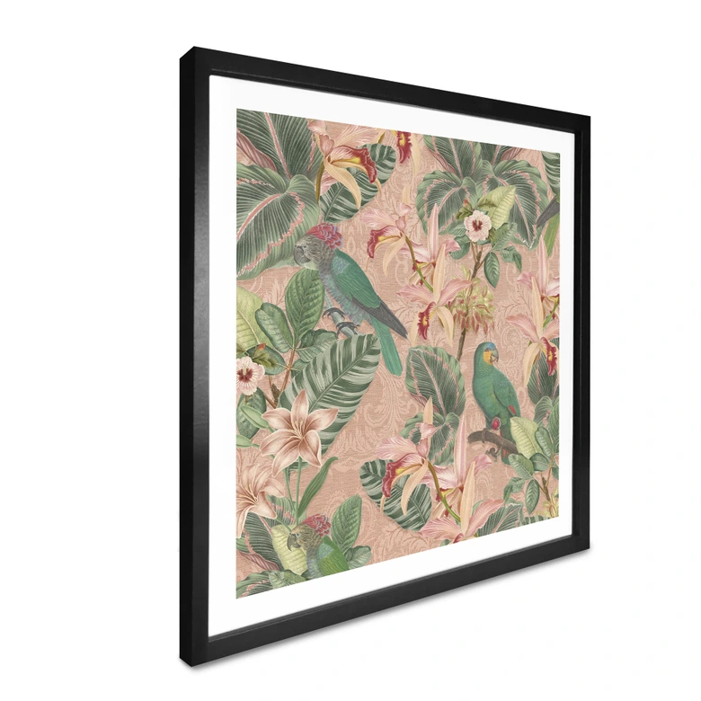 Póster Botánica Jungla con Loros Rosa - Decoración Floral - Cuadrado 