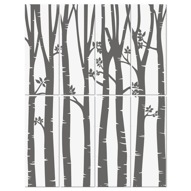 Rumsavdelare, skärm, insynsskydd hängande trädstammar i en vårliknande skog 