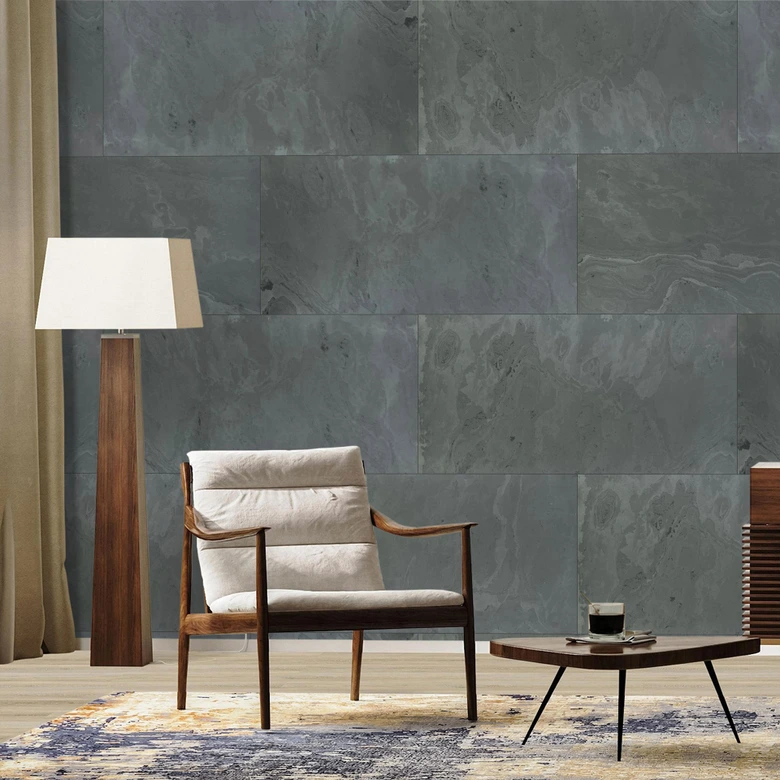 Echtstein - 3D Wandpaneel, Set aus 6 Natursteinplatten als luxuriöse Wandverkleidung - Schiefer Schwarz 