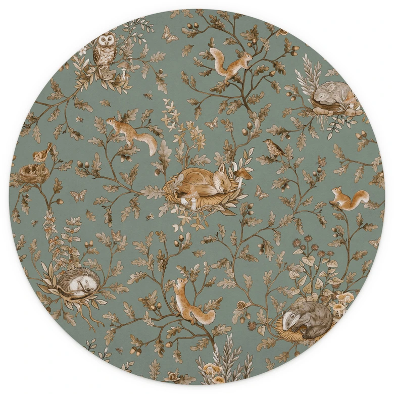 Kinderzimmer Fototapete Schlafende Waldtiere auf Zweigen - Kikki Belle - Rund - Selbstklebend/Vlies 