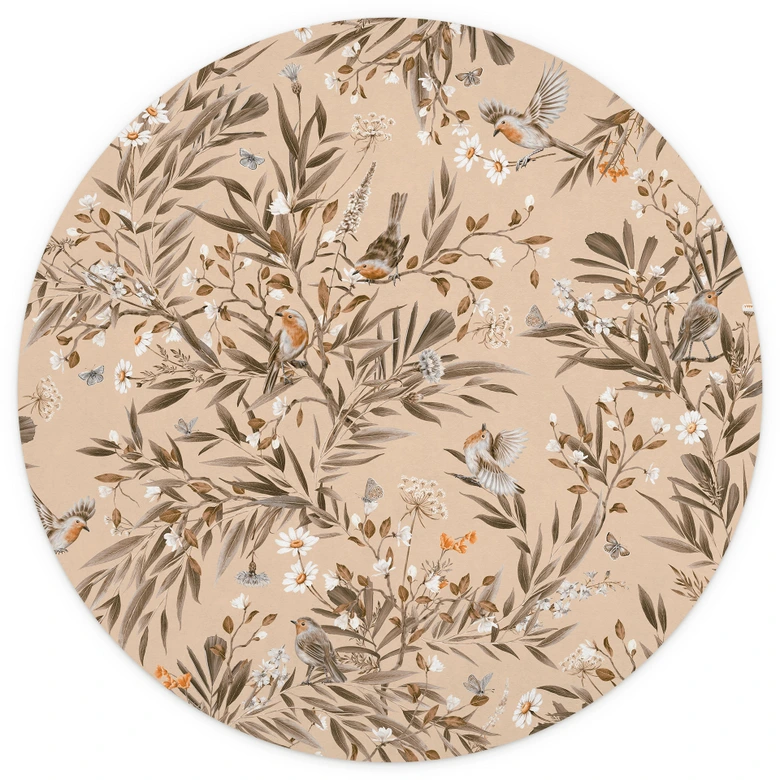 Fototapeta do pokoju dziecięcego ptaki i motyle na gałęziach - Kikki Belle - okrągła - samoprzylepna / nietkana 