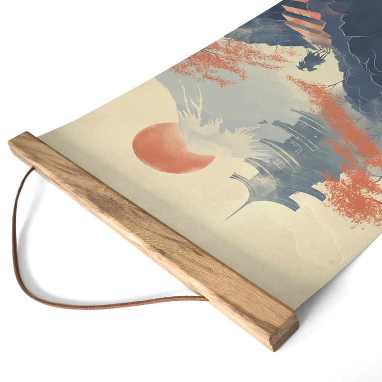 Stoffbild Sonnenaufgang über der Pagode | Japan Landschaft Illustration - Roze 