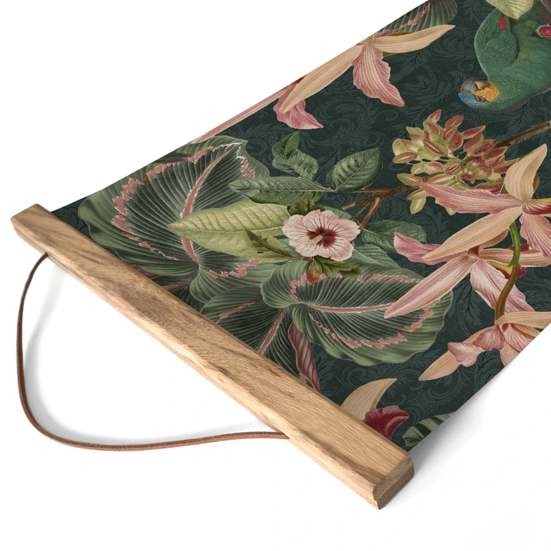 Djungel Textil poster med papegojor nattgrön - Blomstersmycke Dekor - Panorama 