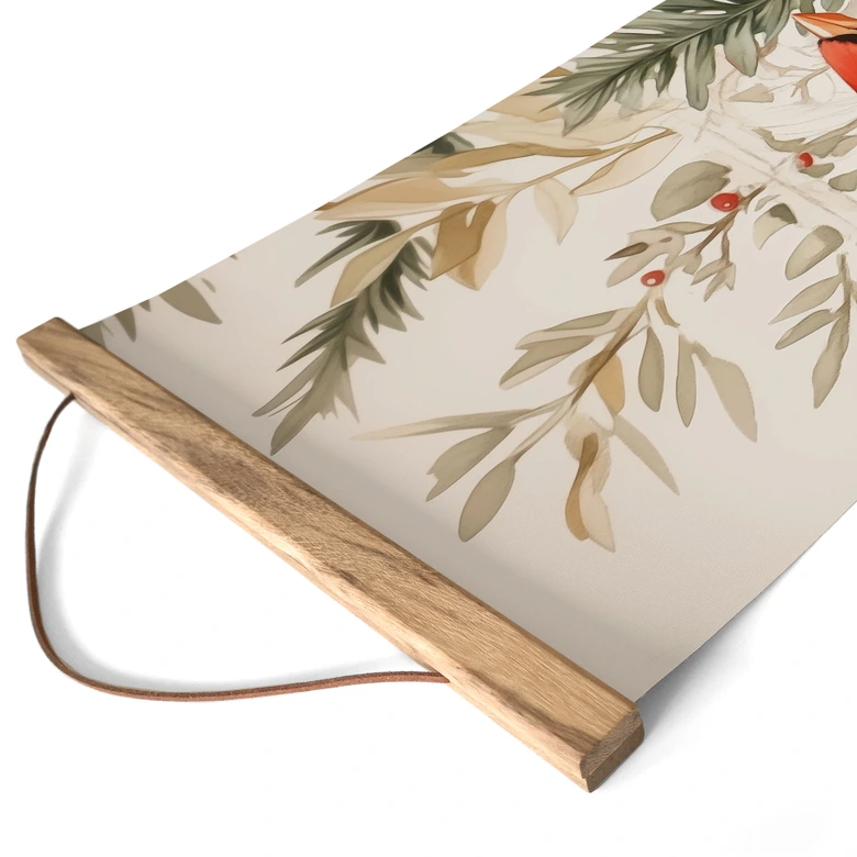 Póster de tela Muérdago - Pájaro cardenal con rama de bayas - Melloi Art Prints - Panorama 