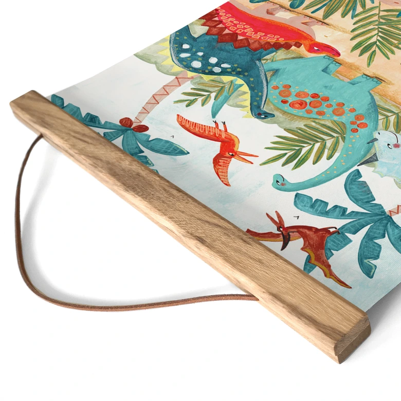 Kinderzimmer Stoffbild | Farbenfrohe Dinosaurier im Urzeitwald - Bonne Müller - Quadratisch 