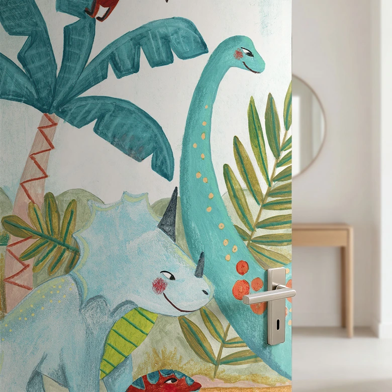 Deurfolie voor kinderkamer - Kleurrijke dinosaurussen in het oerbos - Bonne Müller - Zelfklevende deurdecoratie 