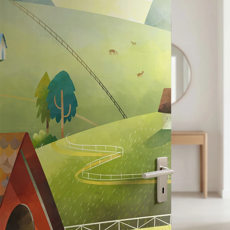 Türfolie Kinderzimmer - Bunter Bauernhof in den Bergen - DigitalArtsi - Selbstklebende Türdeko 