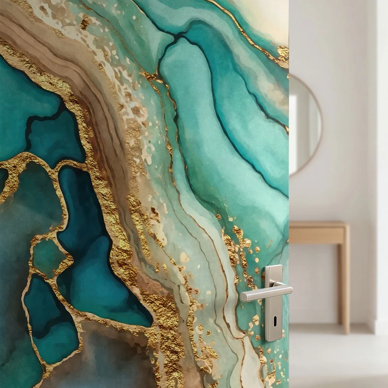 Door foil Marbled waves in turquoise and gold - Haase - Self-adhesive door decoration 