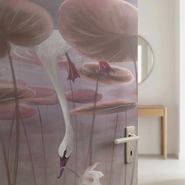Deurfolie lotusbloemen met zwaan in water in donkerroze - Ms Tiff 