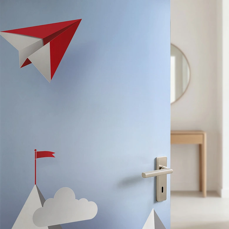 Paper airplane door film in the mountains 