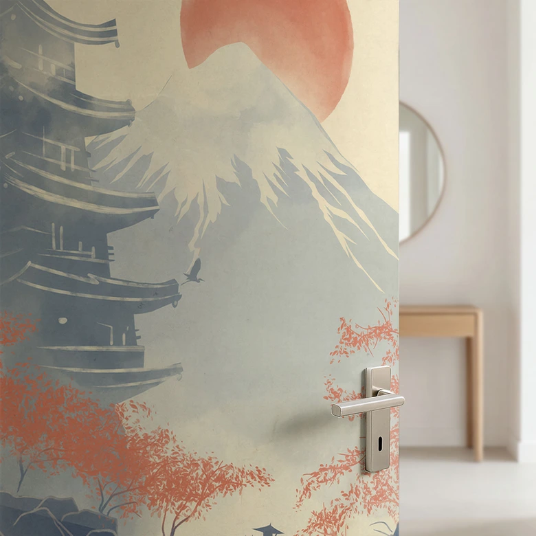 Sunrise over the pagoda door film - Roze - Self-adhesive door decoration 