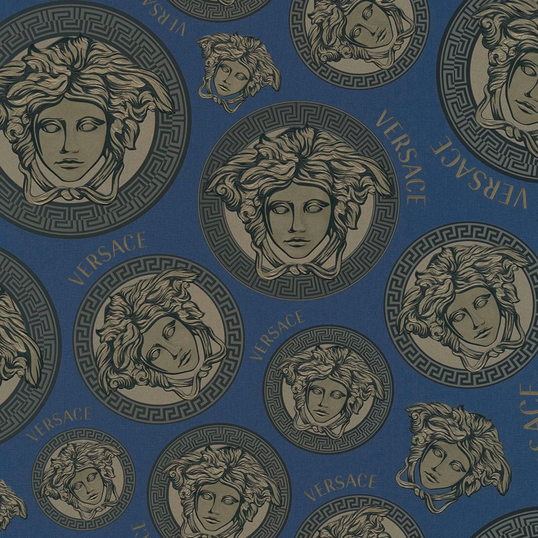 Versace Home tapet blå svart med medusahuvuden lyxig designer non-woven tapet 