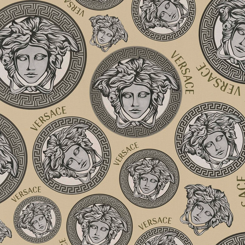 Versace Home Mustertapete Medusa-Köpfe Luxus Tapete Beige Silber Designer Vliestapete 