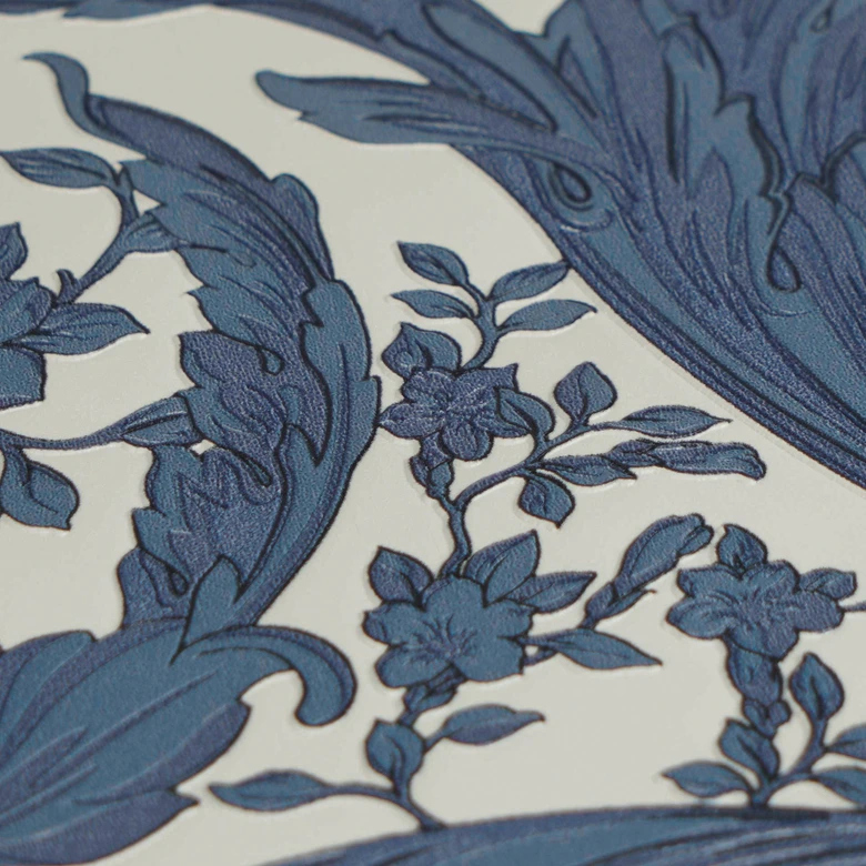 Versace non-woven wallpaper Barocco Neo classic floral tendrils blue white elegant 
