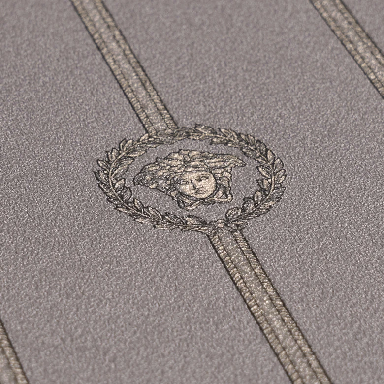 Versace non-woven wallpaper I Love Baroque stripes Medusa taupe silver luxurious 