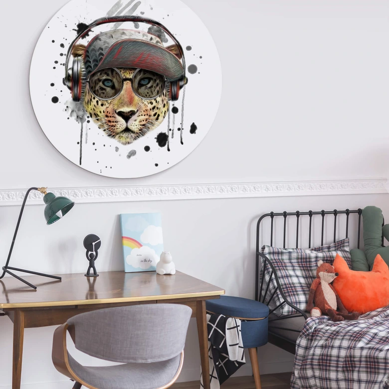Alu-Dibond Wall Circle Leopard with Head Phones 