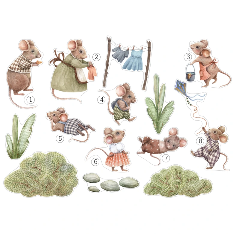 Sticker mural Kikki Belle - Un monde de souris joyeux pour les petits rêveurs (14 pièces) 