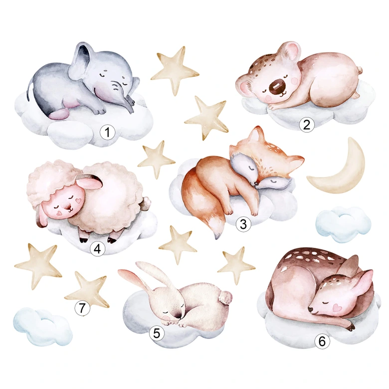 Kinderzimmer Wandtattoo Auf Wolken schlafende Tiere mit Mond und Sternen (16-teilig) - Kvilis 