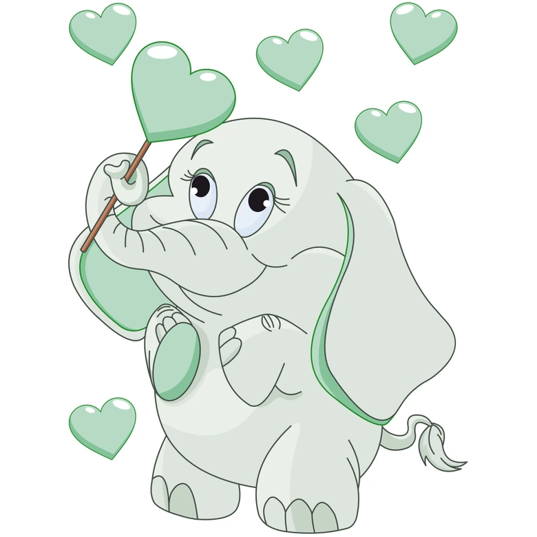 Sticker mural - Bébé éléphant et coeurs (vert) + Stickers phosphorescents 