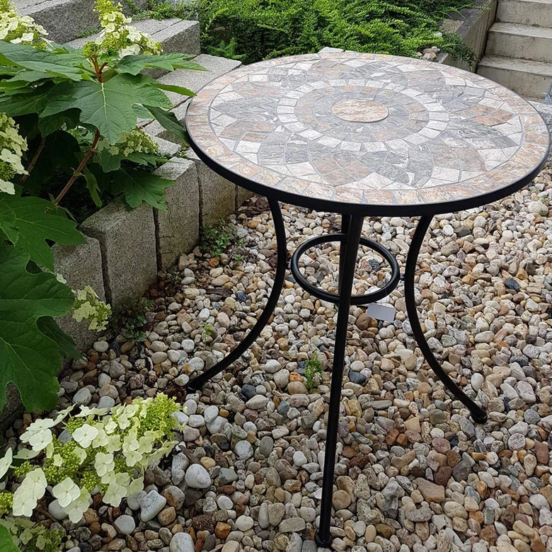 Gartentisch mit schönem Stein-Mosaik Muster, 60 cm Durchmesser robust, Innen- und Außen, Winterfest 