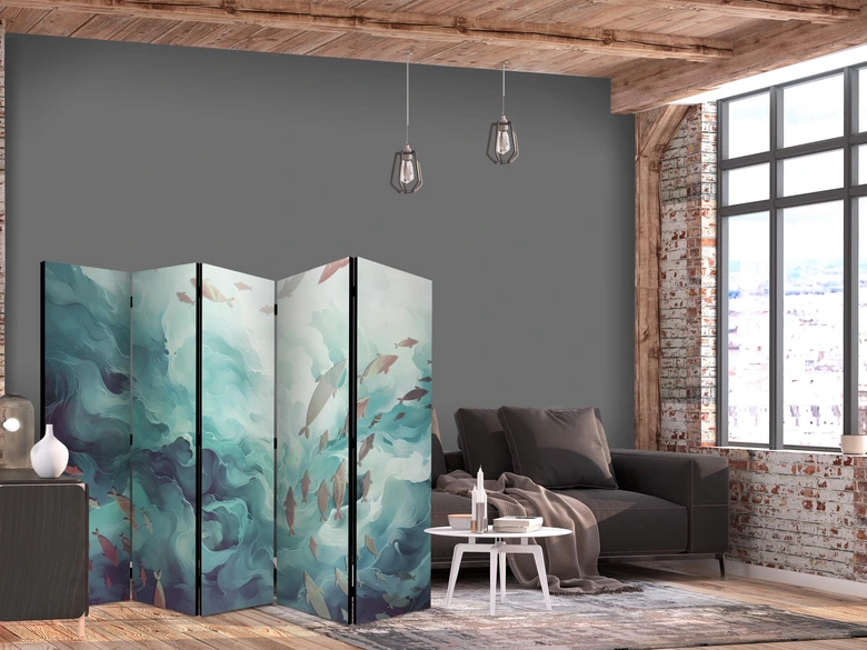 Paravent, Raumteiler freistehend, Trennwand - Fish in Muted Colors Swimming in Groups in Oceanic Depths 