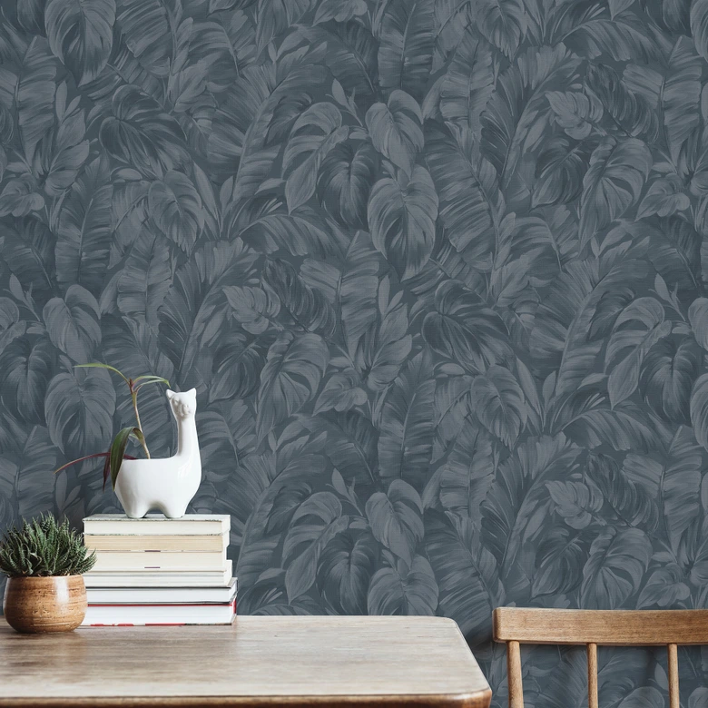 Non-woven tapet med junglemotiver i blå, grå 