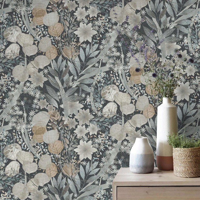 Vliestapete, Blättermotivtapete Secret Garden blau 