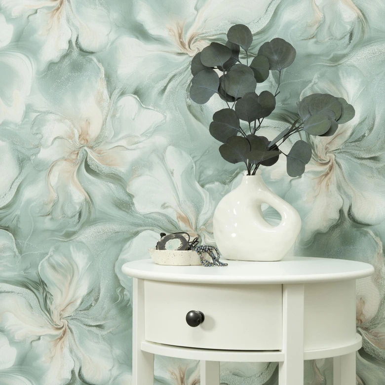 Papel pintado no tejido, papel pintado motivo floral Aurora verde 